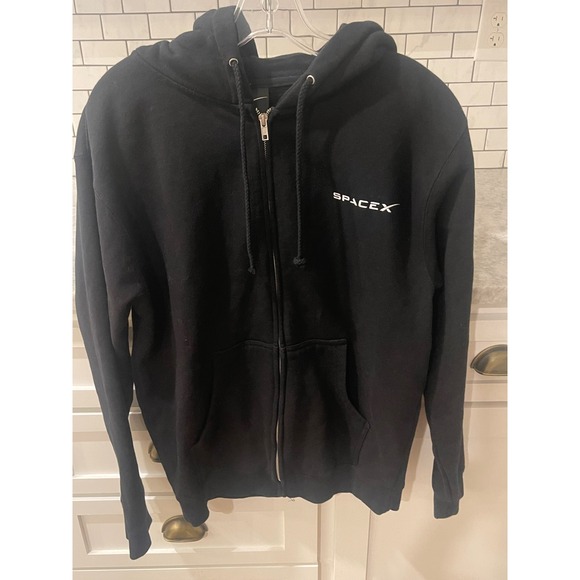 SpaceX Zip Up Hoodie Mens S Black Falcon 9 F9 Graphic Fleece Sweatshirt